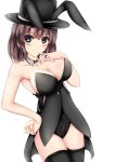  1girl alternate_costume animal_ears black_hat black_legwear blush breasts brown_eyes brown_hair bunny_girl bunnysuit cleavage closed_mouth cowboy_shot detached_collar fake_animal_ears finger_to_mouth hand_on_hip hand_up hat highres katou_megumi large_breasts leotard looking_at_viewer mizuki_(satukisen) rabbit_ears saenai_heroine_no_sodatekata short_hair simple_background smile solo standing strapless strapless_leotard tareme thigh-highs top_hat white_background work_in_progress 