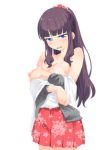  1girl akage bare_shoulders blue_eyes blush bra brown_hair cherry_print floral_print fruit_print long_hair looking_at_viewer new_game! open_mouth pink_bra ponytail scrunchie solo takimoto_hifumi underwear undressing 