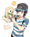  1boy baseball_cap berry bird black_hair blue_eyes cowboy_shot hashtag hat kaemonn looking_at_another male_focus male_protagonist_(pokemon_sm) open_mouth owl pokemon pokemon_(creature) pokemon_(game) pokemon_sm rowlet shirt simple_background striped striped_shirt white_background 