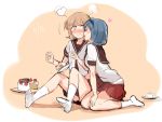  2girls blonde_hair blue_hair blush cake cheek_licking face_licking food food_on_face fruit furutani_himawari hairband ibityuttyu licking multiple_girls oomuro_sakurako plate school_uniform serafuku sitting socks strawberry strawberry_shortcake surprised white_legwear yellow_eyes yuri yuru_yuri 