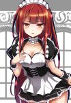  1girl alice360 alternate_costume black_skirt bow bowtie breasts cleavage cowboy_shot crimson_avenger_(elsword) elesis_(elsword) elsword enmaided highres long_hair looking_at_viewer maid maid_headdress miniskirt redhead skirt solo striped striped_bow wrist_cuffs yellow_eyes 
