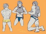  3boys ass blue_eyes boxers briefs bulge hood hoodie kneeling looking_down male_focus multiple_boys multiple_persona muscle orange_background pokemon pokemon_go shirt_lift shirtless simple_background spark_(pokemon) sweatdrop underwear 