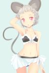  1girl alternate_costume alternate_hairstyle animal_ears arm_up bikini bikini_skirt black_bikini grey_hair hand_behind_head hand_in_hair ishikkoro looking_at_viewer messy_hair mouse_ears mouse_tail nazrin red_eyes short_hair solo swimsuit tail touhou 