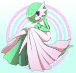  blush bob_cut full_body gardevoir green_hair hair_over_one_eye looking_at_viewer no_humans nollety pokemon pokemon_(creature) red_eyes short_hair smile solo 