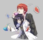  ! 1boy 1girl :o akabane_karma ansatsu_kyoushitsu bangs bendy_straw black_hair black_jacket black_necktie blazer braid buttons cat_princess coat collared_shirt cropped_torso dress_shirt drinking_straw eyebrows eyebrows_visible_through_hair flask glasses grey_background grey_jacket grey_pants grey_skirt hair_between_eyes hair_tie hand_on_another&#039;s_shoulder head_on_head head_rest height_difference holding jacket juice_box labcoat leaning_forward leaning_on_person long_hair long_sleeves looking_down motion_lines necktie okuda_manami open_clothes open_coat open_mouth pants pleated_skirt pocket redhead school_uniform shirt simple_background skirt speech_bubble spill spoken_exclamation_mark surprised test_tube twin_braids twintails twitter_username unbuttoned unbuttoned_shirt violet_eyes white_shirt yellow_eyes 