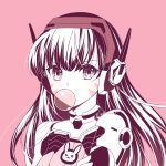  1girl atobesakunolove bangs bodysuit bubblegum d.va_(overwatch) facial_mark headphones looking_at_viewer monochrome overwatch pilot_suit pink_background portrait solo swept_bangs whisker_markings 