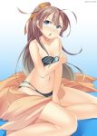  1girl bikini blue_eyes blush brown_hair kankitsunabe_(citrus) kantai_collection kazagumo_(kantai_collection) long_hair open_mouth ponytail sarong sitting swimsuit torn_clothes wariza 