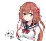  1girl :/ alternate_breast_size alternate_hair_length alternate_hairstyle blush bow breasts brown_eyes brown_hair closed_mouth colis_(regunm772) collarbone covered_nipples crossed_arms hair_bow hair_ornament hairclip ikazuchi_(kantai_collection) kantai_collection long_hair long_sleeves looking_at_viewer multiple_views partially_colored red_bow sailor_collar shirt striped striped_bow translation_request upper_body white_background white_shirt |_| 