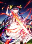  1girl aka_tonbo_(lililil) blue_hair boots cross-laced_footwear dress food fruit glowing glowing_weapon grin hat hinanawi_tenshi lace-up_boots long_hair looking_at_viewer peach puffy_sleeves red_eyes short_sleeves smile solo star_(sky) sword_of_hisou touhou weapon 
