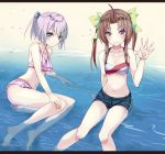  2girls ahoge alternate_costume aqua_eyes bare_shoulders barefoot bikini brown_hair collarbone frilled_bikini frills green_ribbon hair_ornament hair_ribbon hand_on_own_knee heavens_thunder_(byakuya-part2) kagerou_(kantai_collection) kantai_collection long_hair looking_at_viewer multiple_girls navel open_hand partially_submerged pink_bikini pink_hair ponytail ribbon shiranui_(kantai_collection) short_hair short_ponytail shorts simple_background smile swimsuit twintails violet_eyes water 