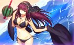  1girl beach bikini breasts fate/grand_order fate_(series) kauto large_breasts long_hair navel purple_hair red_eyes scathach_(fate/grand_order) shore solo swimsuit veil 