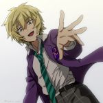  1boy blazer blonde_hair blue_eyes dutch_angle gradient gradient_background hanazawa_teruki jacket male_focus mob_psycho_100 necktie open_clothes open_jacket outstretched_hand sanpaku smile solo striped striped_necktie twitter_username tyeinn-suineryuu 