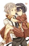  1boy 1girl black_hair bungou_stray_dogs carrying cheese_kang fingerless_gloves gloves grey_hair highres izumi_kyouka_(bungou_stray_dogs) japanese_clothes kimono long_hair low_twintails nakajima_atsushi_(bungou_stray_dogs) princess_carry short_hair twintails yellow_eyes 