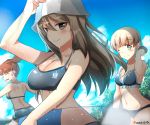  3girls aki_(girls_und_panzer) bikini blush breasts brown_eyes brown_hair cleavage girls_und_panzer hat highres kowaremashita long_hair looking_at_viewer mika_(girls_und_panzer) mikko_(girls_und_panzer) multiple_girls short_hair short_twintails sketch smile swimsuit twintails 