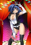  1girl bashoku_youjou black_legwear blue_hair breasts card cleavage collar collarbone elbow_gloves gloves hat holding ikkitousen indoors large_breasts leotard long_hair mini_hat short_twintails solo thigh-highs twintails violet_eyes white_gloves 