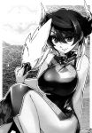  1girl breasts china_dress chinese_clothes demon_horns dress fan female highres horns ishida_akira large_breasts looking_at_viewer maou_(maoyuu) maoyuu_maou_yuusha monochrome promotional_art solo source_request 