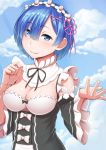  1girl blue_eyes blue_hair blue_sky blush breasts cleavage clouds detached_sleeves eyebrows eyebrows_visible_through_hair hair_ornament hair_over_one_eye hair_ribbon looking_at_viewer maid maid_headdress medium_breasts murata_isshin pink_ribbon re:zero_kara_hajimeru_isekai_seikatsu rem_(re:zero) ribbon short_hair sky solo wide_sleeves x_hair_ornament 