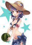  1girl bikini blue_hair food fruit hat highres kantai_collection long_hair low_twintails nipi red_eyes sarong sun_hat swimsuit taigei_(kantai_collection) twintails watermelon whale 