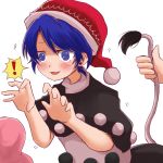 ! 1girl @_@ blue_eyes blue_hair doremy_sweet dress hat nightcap pom_pom_(clothes) solo_focus surprised tail tail_grab tapir_tail touhou wavy_mouth 