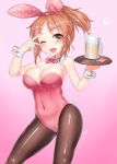  1girl ;d abe_nana alcohol animal_ears bare_shoulders beer beer_mug blush bow bowtie breasts brown_eyes brown_hair bunny_girl bunny_tail bunnysuit cleavage detached_collar doyouwantto fishnet_pantyhose fishnets hair_ribbon heart idolmaster idolmaster_cinderella_girls large_breasts leotard one_eye_closed open_mouth pantyhose ponytail ribbon short_hair smile solo tail tray v v_over_eye wrist_cuffs 