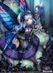  black_flower blue_hair butterfly_wings copyright_name couch dress fairy flower force_of_will green_eyes hair_flower hair_ornament holding_staff long_hair looking_at_viewer matsurika_youko official_art outdoors purple_dress staff striped striped_legwear tagme tiara twintails vertical-striped_legwear vertical_stripes watermark wide_sleeves wings 