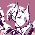  1girl alternate_costume atobesakunolove bodysuit dark_persona demon_horns devil_mercy facial_mark forehead_mark horns imp_mercy light_smile looking_at_viewer mechanical_wings monochrome overwatch ponytail portrait purple_background simple_background solo wings 