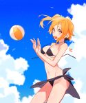  1girl ball beachball bikini blonde_hair brown_eyes highres hisu_(hiss_1107) kagerou_project kisaragi_momo long_hair side_ponytail sky swimsuit 