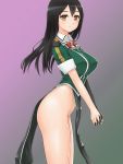  1girl black_hair brown_eyes chikuma_(kantai_collection) highres hips interlocked_fingers kantai_collection long_hair no_panties pelvic_curtain rasukaru single_glove solo standing thighs 