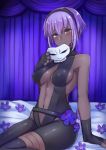  1girl assassin_(fate/prototype_fragments) blush breasts cleavage covered_nipples dark_skin fate/grand_order fate/prototype fate/prototype:_fragments_of_blue_and_silver fate_(series) fingerless_gloves flower gloves hairband kou_(garakuta_teikoku) looking_at_viewer mask mask_removed midriff navel purple_hair short_hair sitting sketch skin_tight solo violet_eyes 