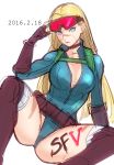  1girl adjusting_goggles alternate_costume alternate_hairstyle backpack bag blonde_hair blue_eyes breasts cammy_white choker cleavage fingerless_gloves gloves hair_down highres leotard long_hair long_sleeves looking_at_viewer red_goggles solo street_fighter street_fighter_v tetsu_(kimuchi) unzipped 