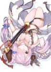  1girl between_legs blue_eyes breasts cleavage doraf eyes_visible_through_hair granblue_fantasy hair_over_one_eye highres horns katana large_breasts lavender_hair leg_garter long_hair looking_at_viewer lying narumeia_(granblue_fantasy) on_back simple_background solo sword takuan_(takuan0907) upside-down weapon white_background 