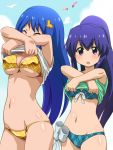  2girls :o awa bandou_marimo bangs bikini blue_bikini blue_eyes blue_hair blush bow_bikini breasts closed_eyes cowboy_shot hair_ornament hairpin long_hair looking_at_viewer medium_breasts multiple_girls no_pants oshimoto_yuri ponytail shirt_lift small_breasts standing strap_gap swimsuit teekyuu under_boob undressing yellow_bikini 