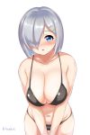  1girl :o bikini black_bikini blue_eyes blush breasts collarbone cowboy_shot hair_ornament hair_over_one_eye hairclip hamakaze_(kantai_collection) hazamanokaien kantai_collection large_breasts looking_at_viewer navel one_eye_covered short_hair silver_hair simple_background solo stomach swimsuit thigh_gap twitter_username v_arms white_background 