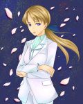  1girl blonde_hair blue_eyes crossed_arms formal gundam gundam_wing highres kappa_(gaburie) long_hair looking_at_viewer pant_suit parted_lips petals ponytail relena_peacecraft solo suit upper_body white_suit 