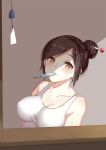  1girl bare_shoulders beads blush breasts brown_eyes brown_hair cleavage collarbone covered_nipples dripping eyebrows eyebrows_visible_through_hair hair_bun hair_ornament hair_stick hot large_breasts looking_at_viewer mei_(overwatch) mouth_hold no_glasses o-yatsu overwatch popsicle shirt short_hair sidelocks snowflake_hair_ornament solo sweatdrop tank_top upper_body white_shirt wind_chime 
