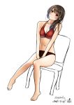  1girl bikini black_hair breasts brown_eyes chair cleavage kentaurosu long_hair looking_at_viewer navel original simple_background sketch solo swimsuit 