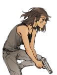  1girl anco_(platanity) bare_shoulders black_hair black_pants braid brown_eyes cowboy_shot dark_skin ear_piercing eye_of_horus facial_mark facial_tattoo from_side gun hair_tubes handgun holding holding_gun holding_weapon leg_up overwatch pants pharah_(overwatch) piercing short_hair side_braids sidelocks simple_background sketch solo standing standing_on_one_leg tank_top tattoo weapon white_background 