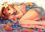  1girl black_eyes blush brown_hair cape closed_mouth collarbone flower granblue_fantasy hair_flower hair_ornament hairband long_hair looking_at_viewer lying on_side panties pantyshot pantyshot_(lying) petals sara_(granblue_fantasy) smile solo underwear water wet white_panties yashiro_seika 