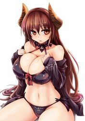  1girl bikini black_bikini black_jacket bow breasts brown_hair cleavage collar doraf forte_(shingeki_no_bahamut) granblue_fantasy highres horns jacket large_breasts long_hair looking_at_viewer navel off_shoulder open_clothes open_jacket parted_lips red_bow red_eyes shingeki_no_bahamut sitting solo swimsuit tokihama_jirou white_background 