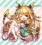  1girl :d ahoge blonde_hair chibi dress green_eyes long_hair lowres marshmallow_mille one_eye_closed open_mouth puzzle_&amp;_dragons smile solo spica_(p&amp;d) tears thigh-highs very_long_hair zettai_ryouiki 