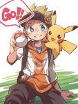  1boy :3 backpack bag blonde_hair green_eyes grin holding holding_poke_ball hood hoodie kneeling male_focus male_protagonist_(pokemon_go) on_shoulder pikachu poke_ball pokemon pokemon_(creature) pokemon_go smile visor_cap 