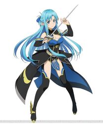  1girl asuna_(sao-alo) black_legwear blue_eyes blue_hair breasts cleavage detached_sleeves highres holding holding_sword holding_weapon long_hair medium_breasts pointy_ears rapier simple_background solo sword sword_art_online thigh-highs watermark weapon white_background 