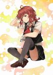  1girl absurdres ahoge arashi_(kantai_collection) bike_shorts black_eyes black_legwear blush gloves hand_in_hair highres kanmiya_shinobu kantai_collection kerchief long_hair looking_away messy_hair pleated_skirt redhead school_uniform shoes sitting skirt solo thigh-highs white_gloves 