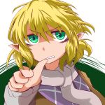  1girl arm_warmers artist_request bags_under_eyes blonde_hair face green_eyes looking_at_viewer mizuhashi_parsee pointy_ears scarf solo thumb_to_mouth touhou 