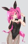  1girl animal_ears ass_visible_through_thighs bare_shoulders blue_eyes bow bowtie bunnysuit detached_collar fang fishnet_pantyhose fishnets fu-mi.a highres long_hair looking_at_viewer open_mouth original pantyhose pink_hair rabbit_ears solo twintails 
