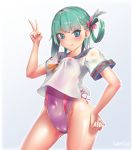  1girl blue_eyes competition_swimsuit green_hair hair_rings highres lavie long_hair one-piece_swimsuit original school_uniform see-through serafuku standing swimsuit swimsuit_under_clothes v 