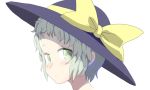  1girl alternate_hair_length alternate_hairstyle bow expressionless eyebrows eyebrows_visible_through_hair face from_side green_eyes green_hair hat hat_bow ishikkoro komeiji_koishi looking_at_viewer looking_to_the_side simple_background solo touhou white_background 