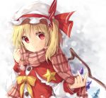  1girl adapted_costume blonde_hair bow brown_scarf buttons capelet crystal flandre_scarlet from_side hair_bow hat izuru light_smile long_sleeves mob_cap plaid plaid_scarf red_eyes red_vest scarf shirt short_hair side_ponytail touhou vampire white_shirt wings winter_clothes 