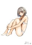  1girl barefoot bikini breasts brown_eyes cleavage grey_hair kentaurosu looking_at_viewer original short_hair sketch solo swimsuit 