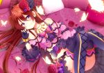  1girl aikatsu! blush brown_hair butterfly convenient_leg fingerless_gloves flower gloves hair_flower hair_ornament highres jewelry long_hair looking_at_viewer necklace shibuki_ran smile solo tarachine thigh-highs violet_eyes 